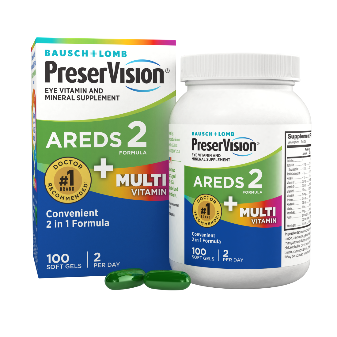 PreserVision AREDS 2 Multivitamin package and bottle with two gels at the base